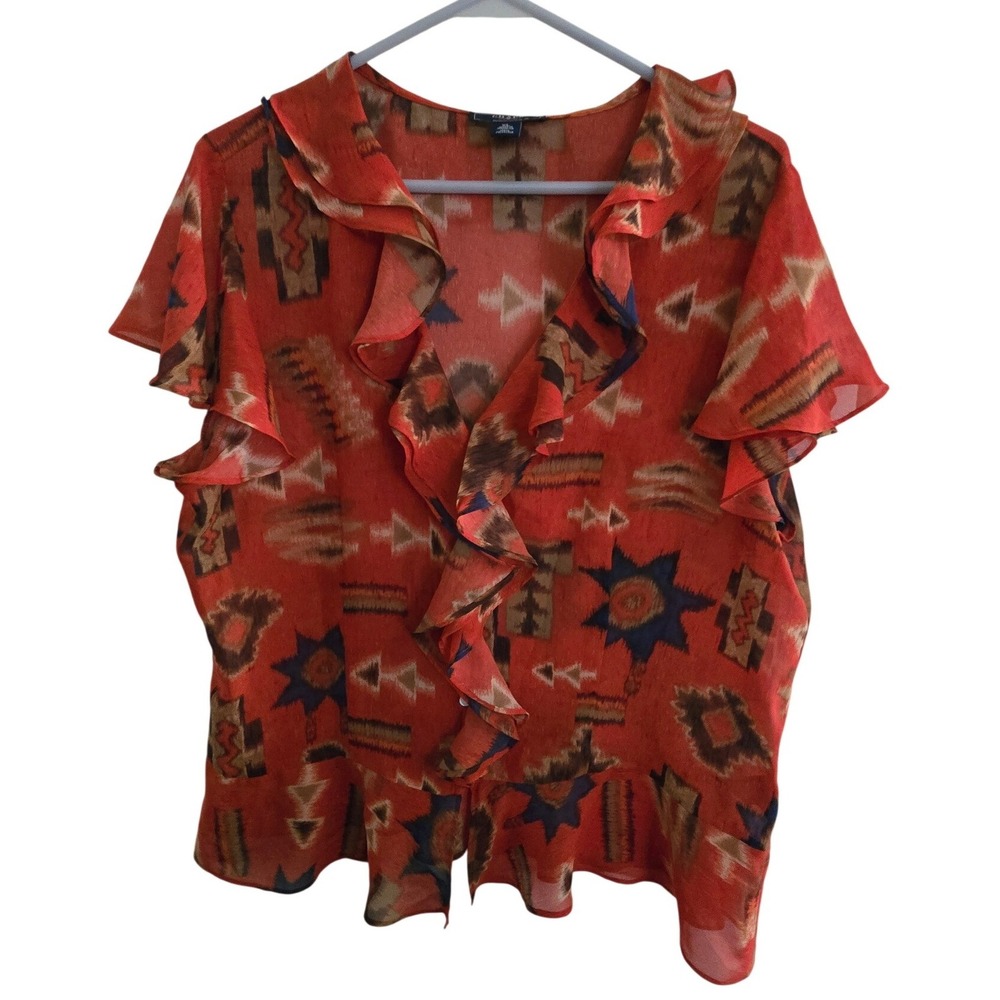 Chaps Denim Womens XL Orange Southwestern Ruffle V-Neck Flutter‎ Sleeve Blouse